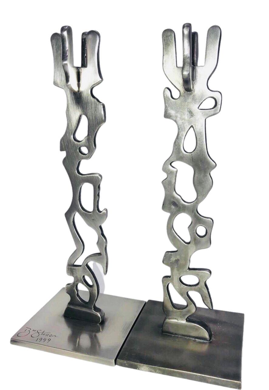 Frisman Vintage Robert Stoller Signed Post Modern Pair Brutalist Abstract Aluminum Candleholders