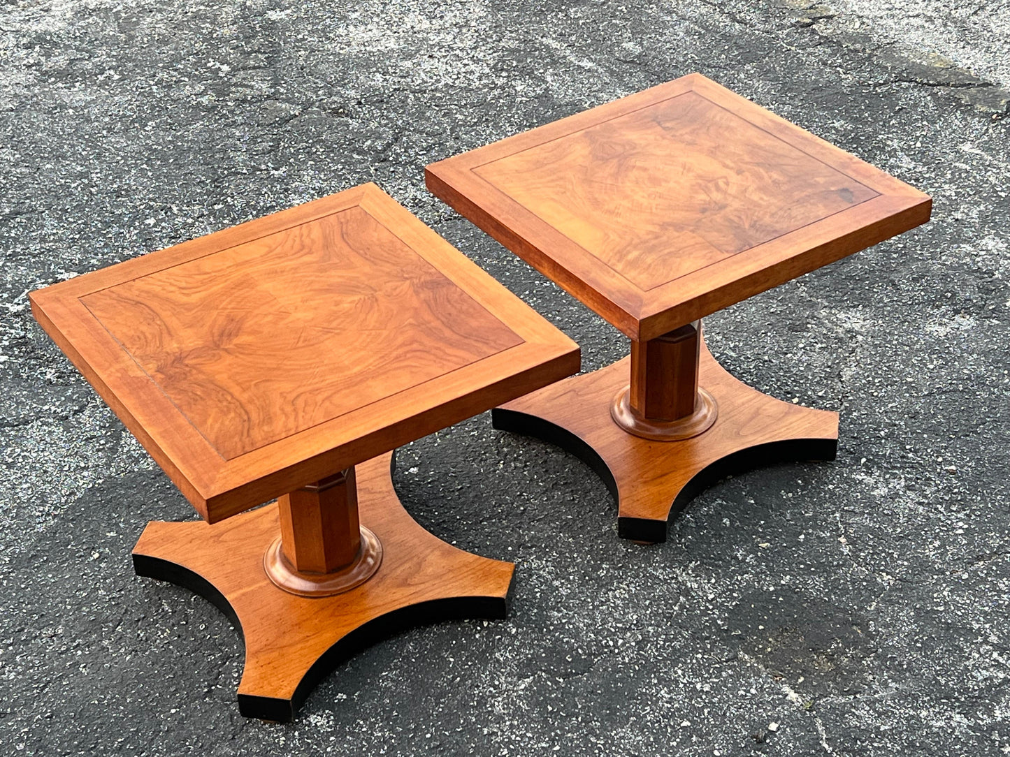 Frisman Vintage Baker Furniture Pair of Pedestal Regency Style Burl Walnut Tables Ca' 1950's
