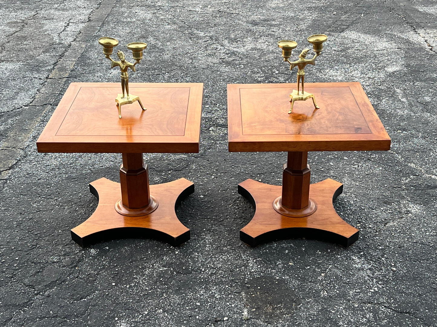 Frisman Vintage Baker Furniture Pair of Pedestal Regency Style Burl Walnut Tables Ca' 1950's