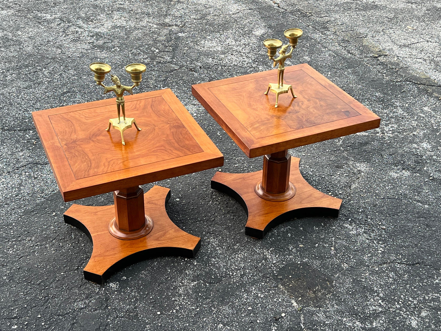 Frisman Vintage Baker Furniture Pair of Pedestal Regency Style Burl Walnut Tables Ca' 1950's