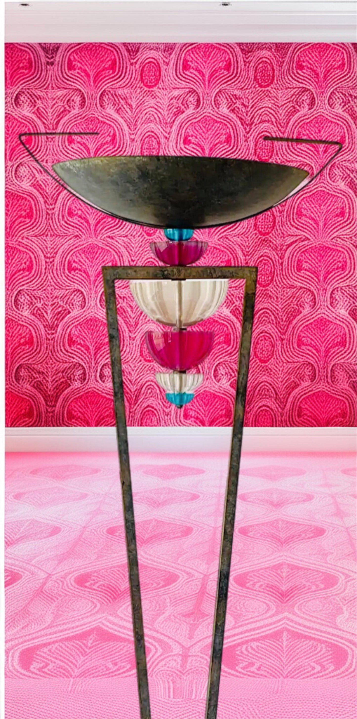 Frisman Vintage 80s Vintage Hivo Van Teal Post Modern Art Deco Torchiere Lucite Floor Lamp