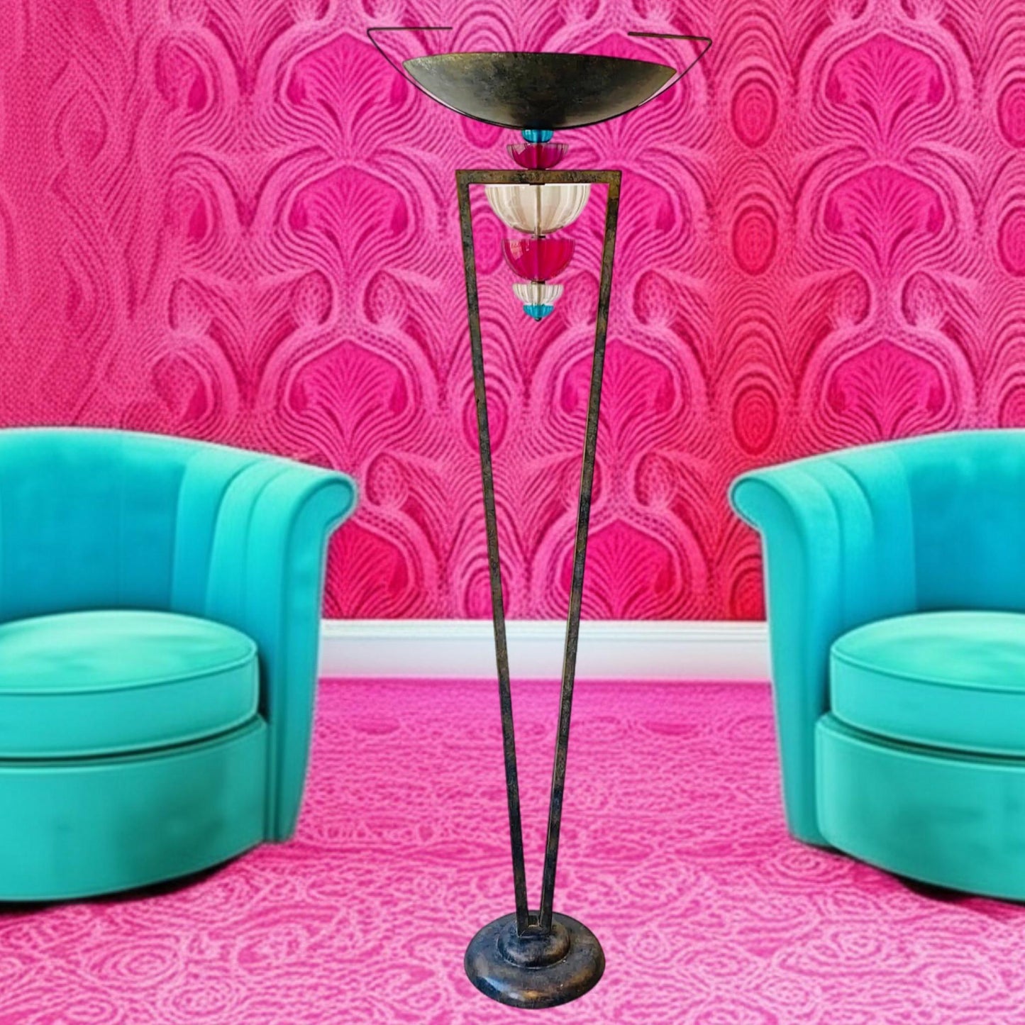 Frisman Vintage 80s Vintage Hivo Van Teal Post Modern Art Deco Torchiere Lucite Floor Lamp