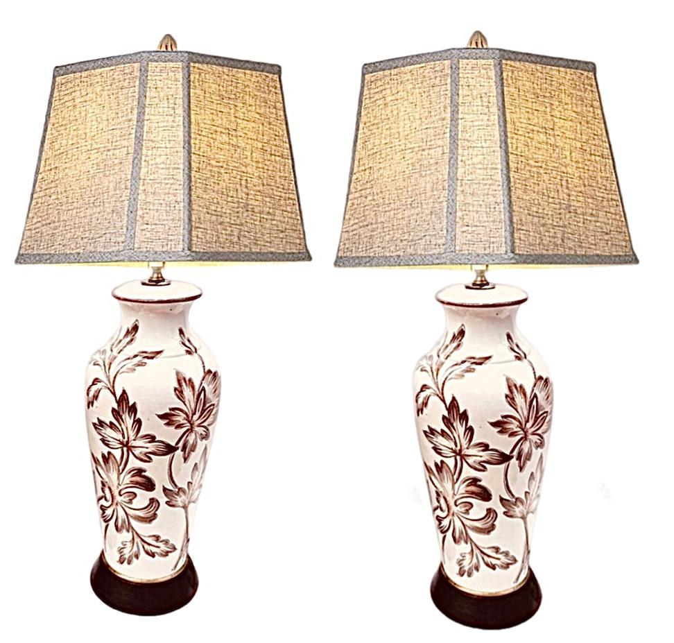 Frisman Vintage Pair Antique English Porcelain Lamps with Hand Painted Victorian Floral Design