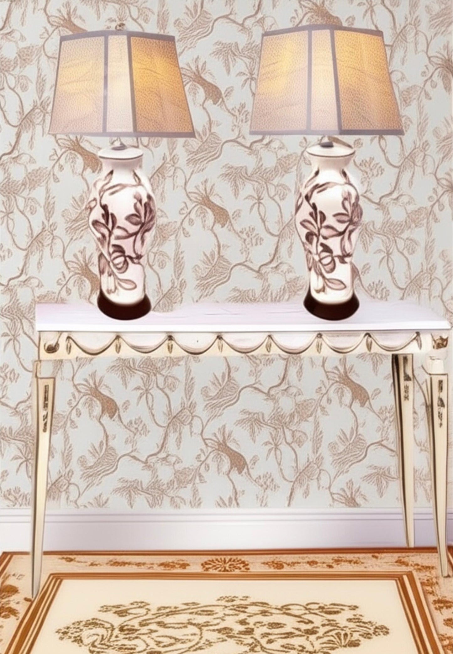 Frisman Vintage Pair Antique English Porcelain Lamps with Hand Painted Victorian Floral Design