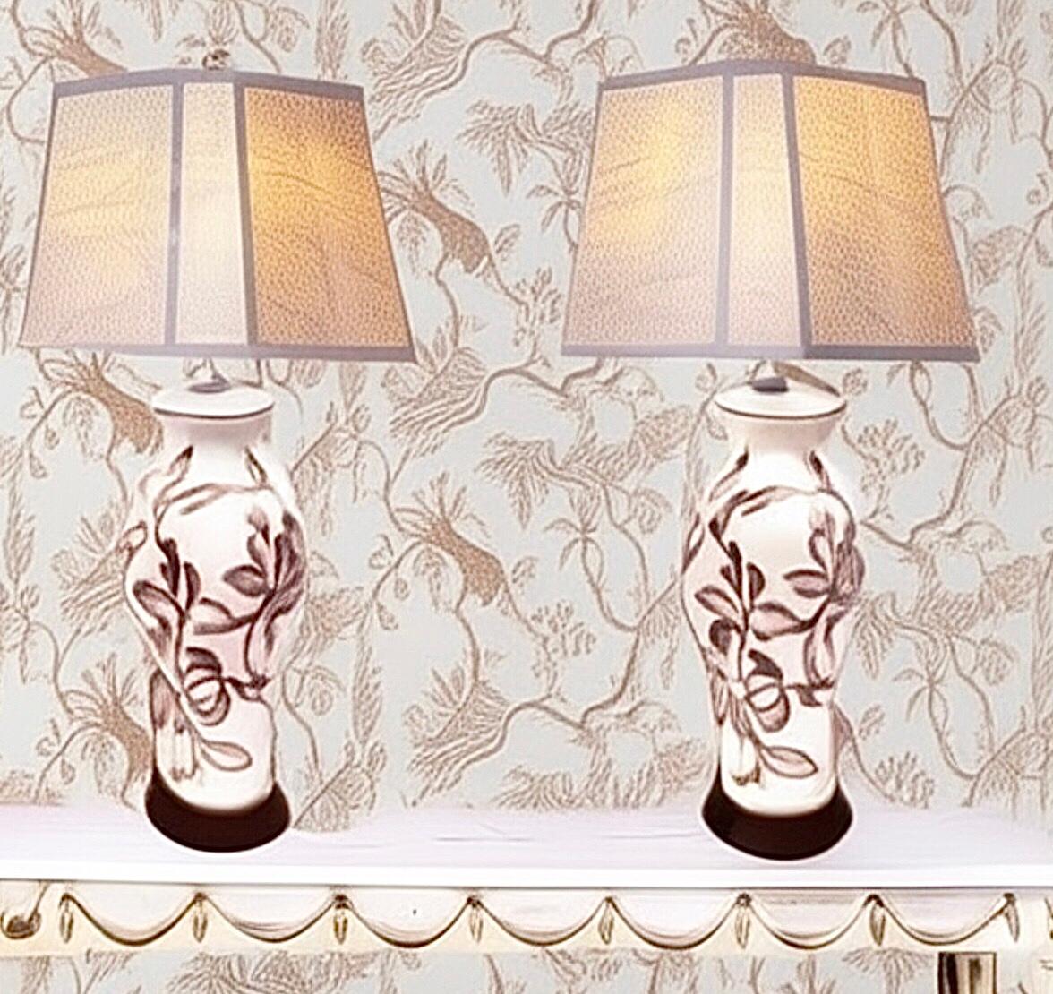 Frisman Vintage Pair Antique English Porcelain Lamps with Hand Painted Victorian Floral Design