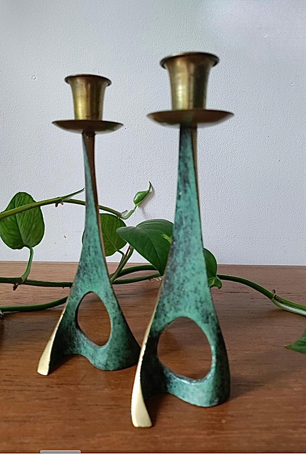 Frisman Vintage 50s Pair Vintage Pal Bell Abstract Modernist Brass Verdigris CandleHolder Israel