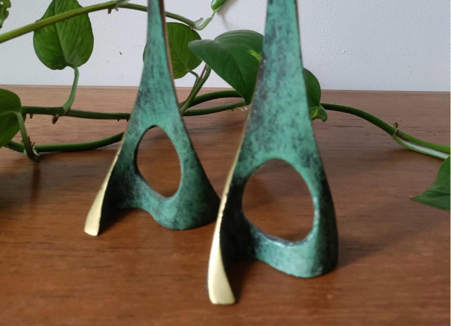 Frisman Vintage 50s Pair Vintage Pal Bell Abstract Modernist Brass Verdigris CandleHolder Israel