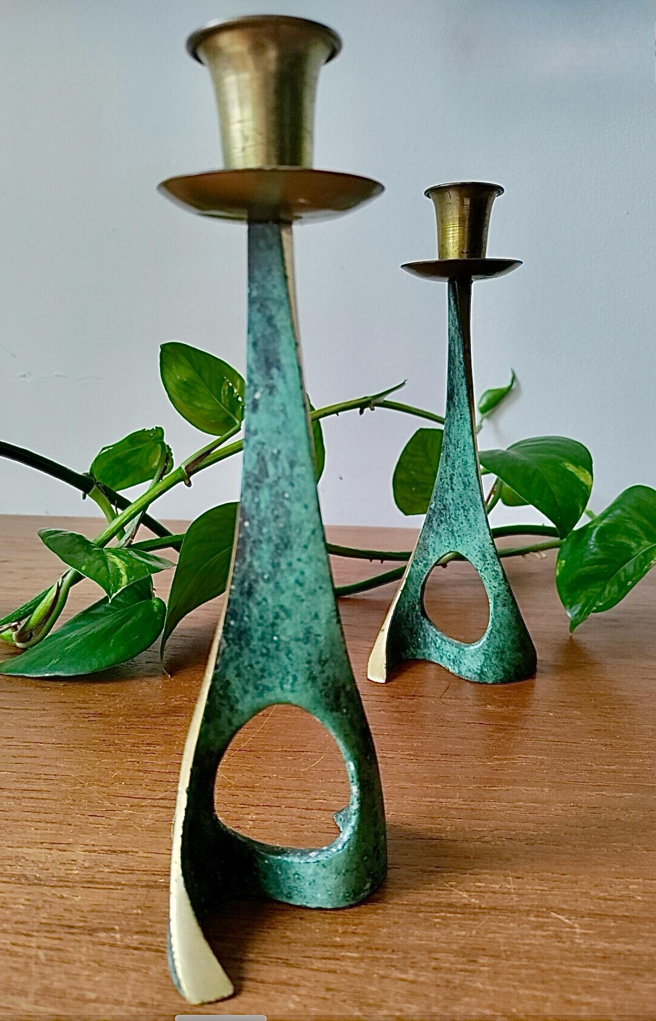 Frisman Vintage 50s Pair Vintage Pal Bell Abstract Modernist Brass Verdigris CandleHolder Israel