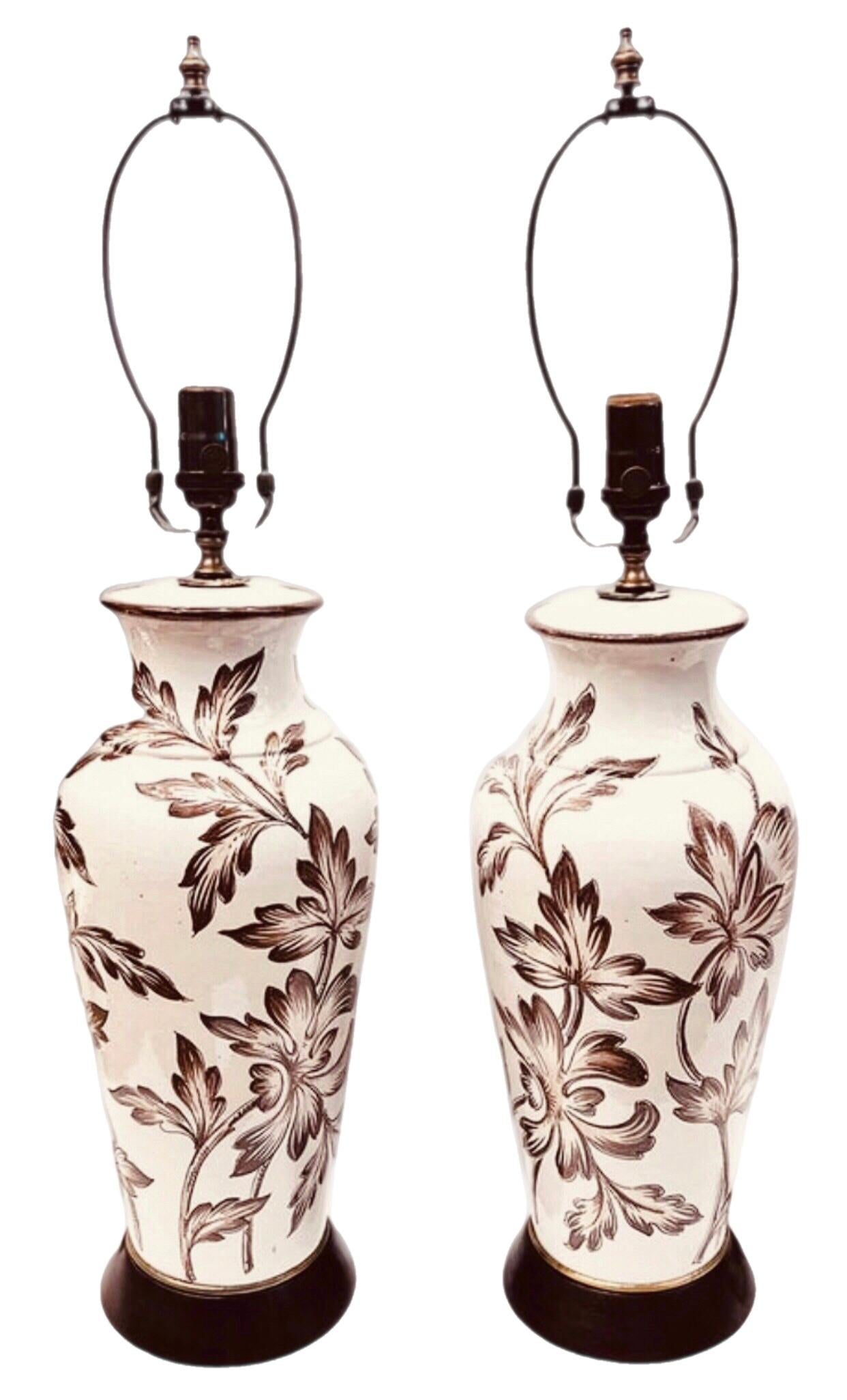 Frisman Vintage Pair Antique English Porcelain Lamps with Hand Painted Victorian Floral Design