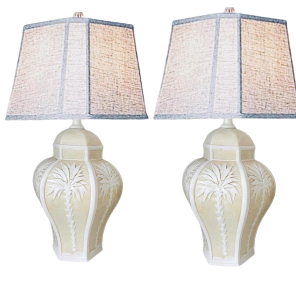 Frisman Vintage Pair Vintage Palm Beach Regency Dorothy Draper Isp Raised Palm Tree Ceramic Lamp