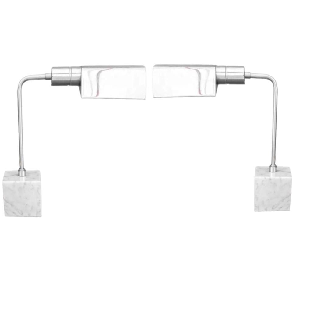 Frisman Vintage Pair Koch Lowy Mid Century Modern OMI Chrome Table Lamp Carrara Marble Base