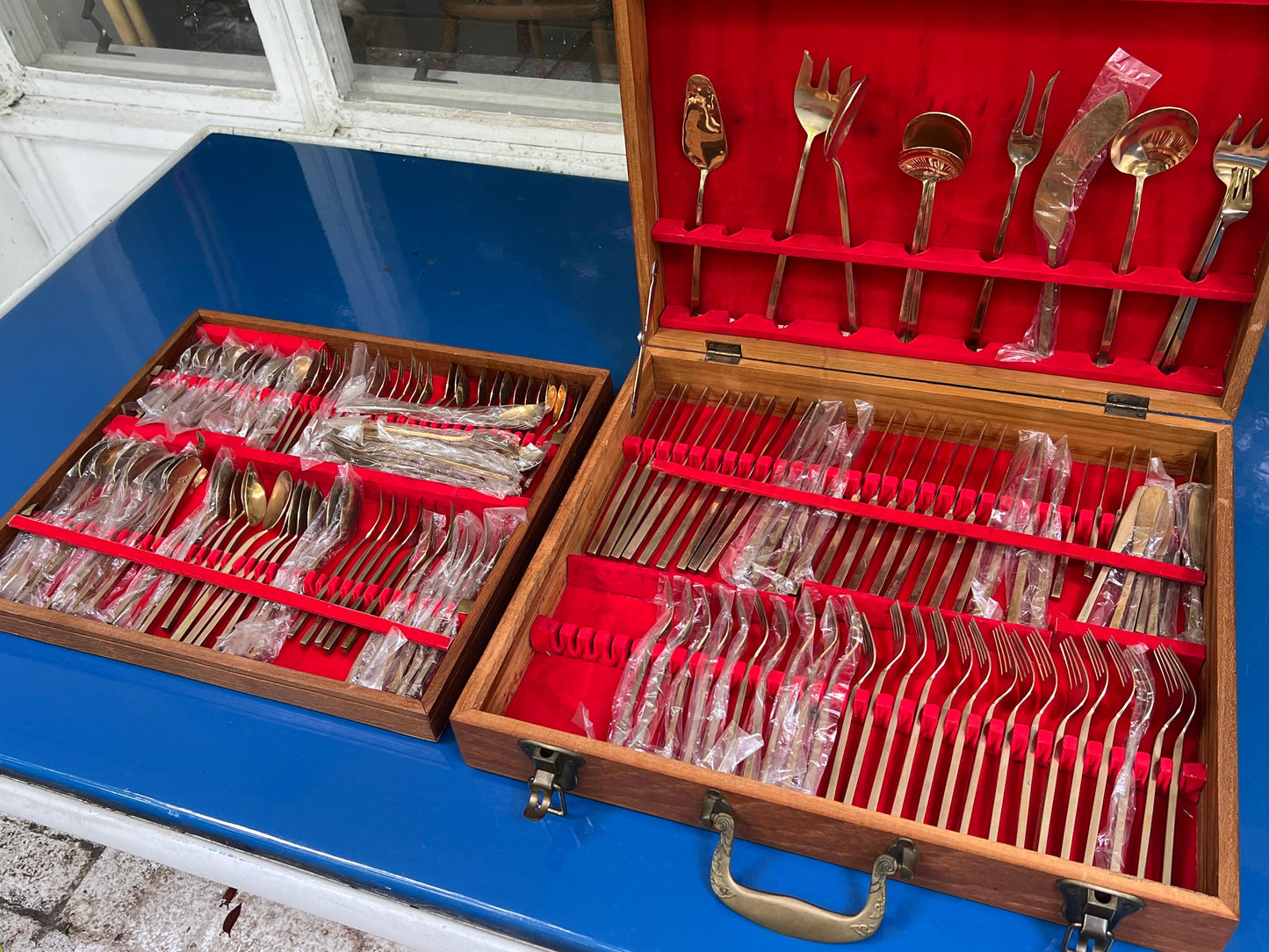 Frisman Vintage Sigvard Bernadotte "Scanline" brass flatware. 12 person dinner set. 145 pieces