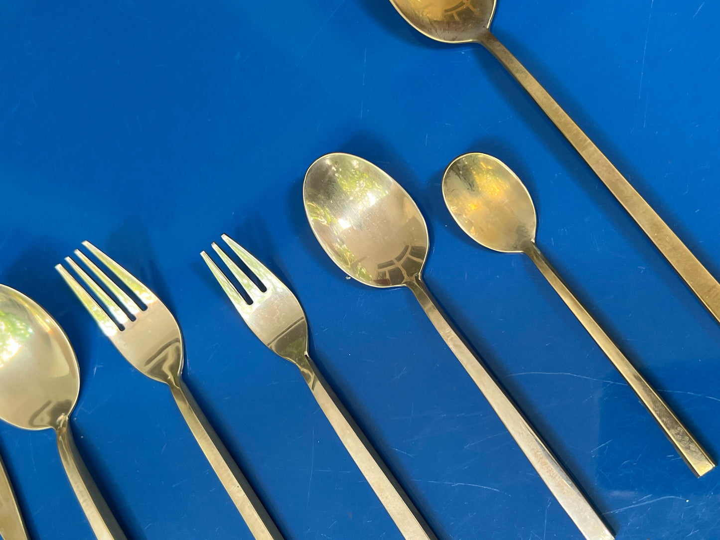 Frisman Vintage Sigvard Bernadotte "Scanline" brass flatware. 12 person dinner set. 145 pieces