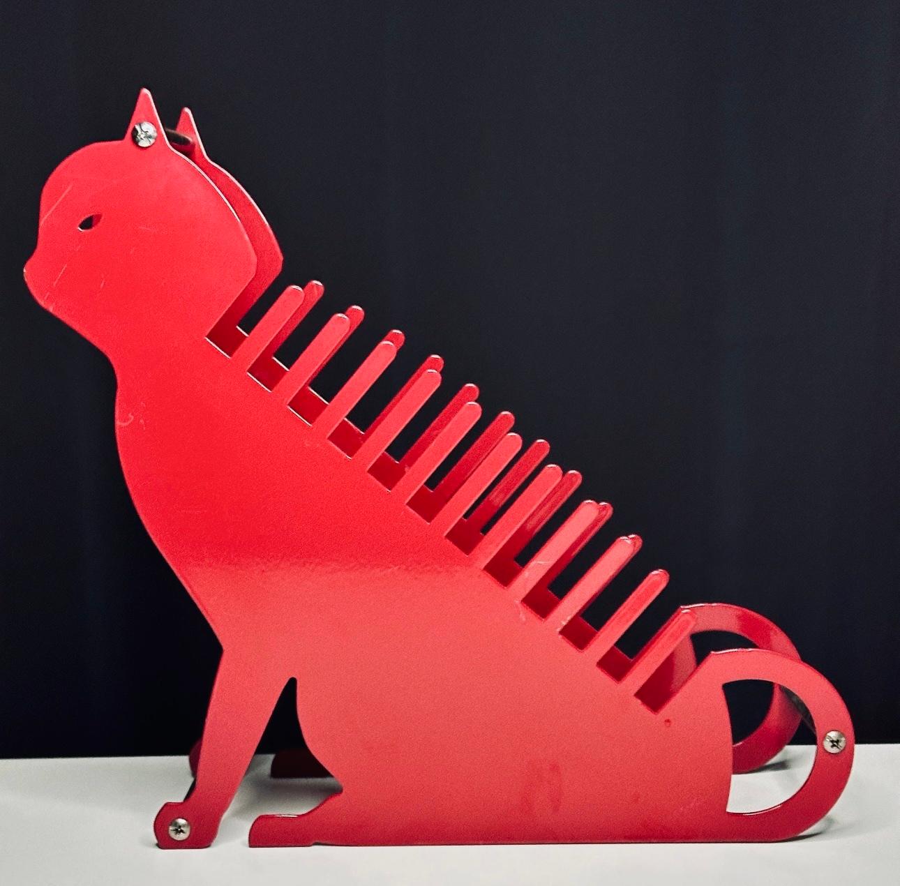 Frisman Vintage Post Modern Memphis Salvatore Campos Art Brute Red Cat Metal Letter Desk Holder