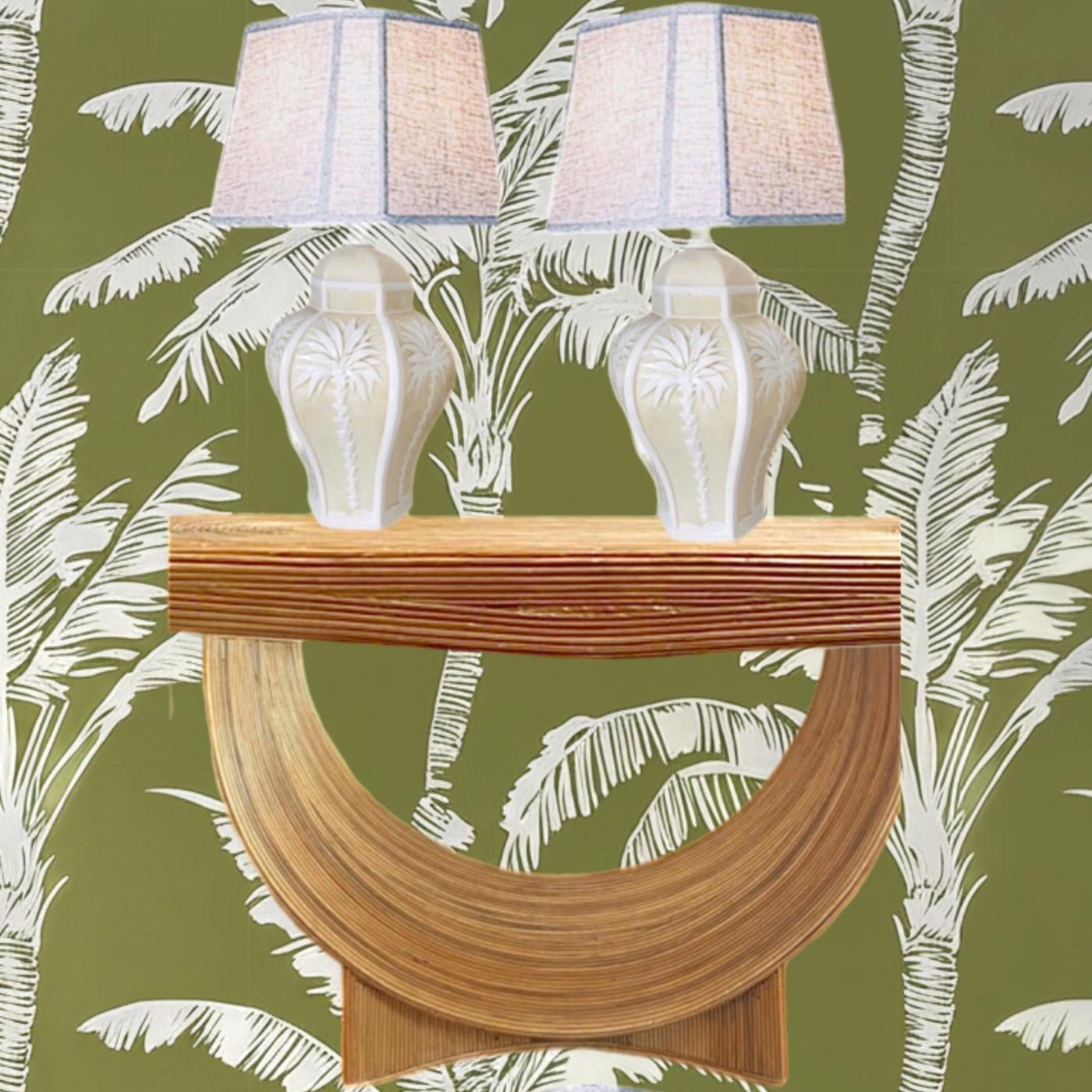 Frisman Vintage Pair Vintage Palm Beach Regency Dorothy Draper Isp Raised Palm Tree Ceramic Lamp