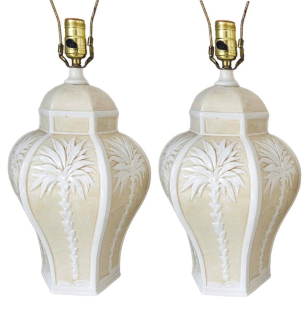Frisman Vintage Pair Vintage Palm Beach Regency Dorothy Draper Isp Raised Palm Tree Ceramic Lamp