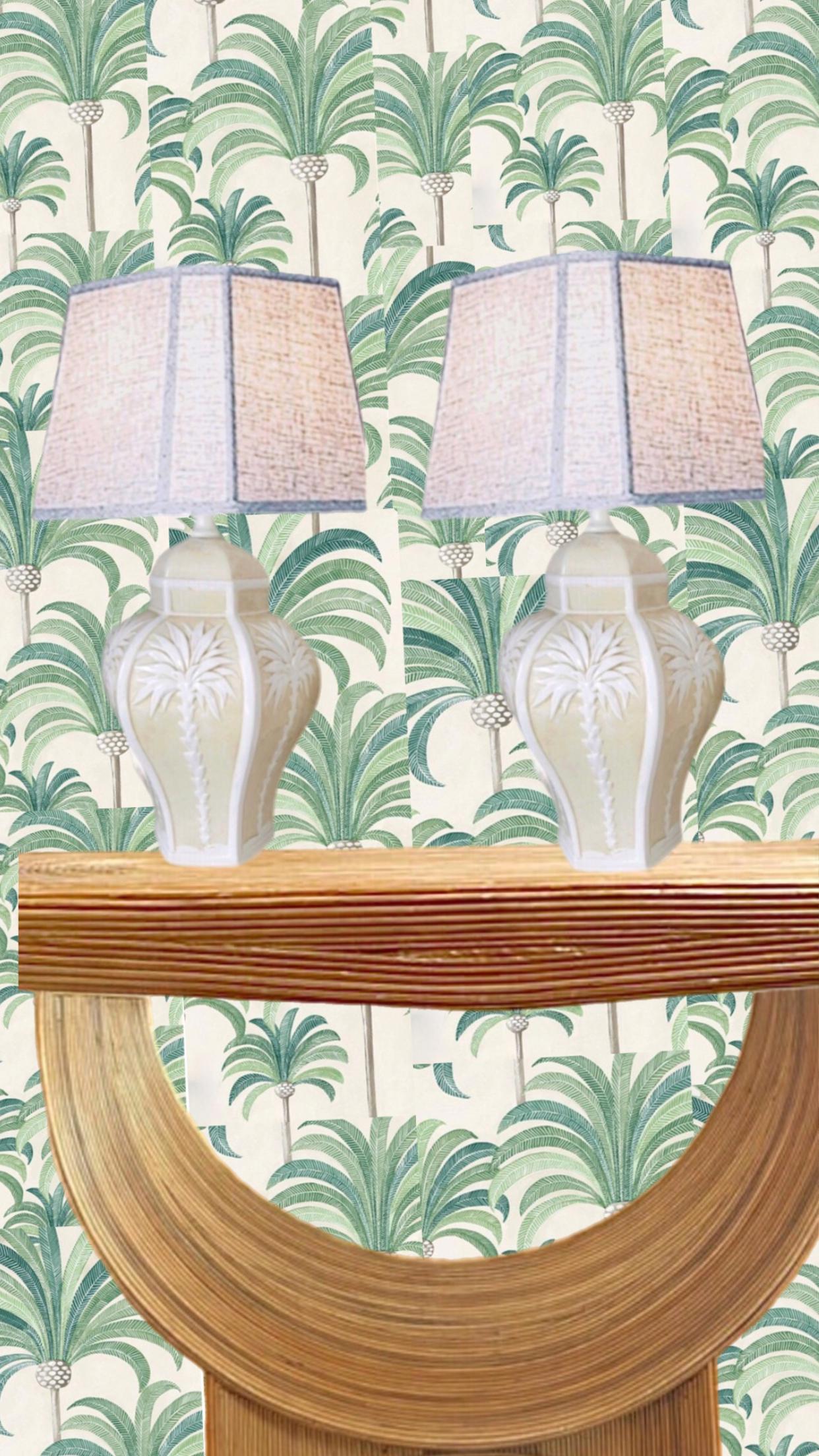 Frisman Vintage Pair Vintage Palm Beach Regency Dorothy Draper Isp Raised Palm Tree Ceramic Lamp
