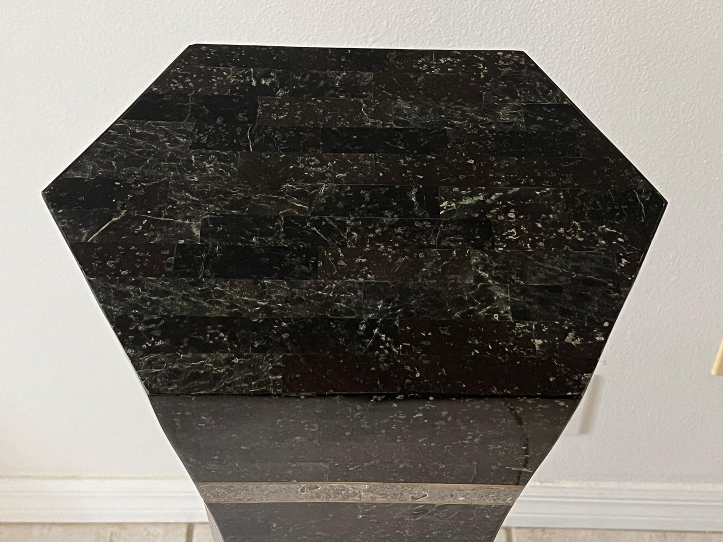 Frisman Vintage Unusual Post Modern Tessellated Stone Pedestal Inlaid Brass