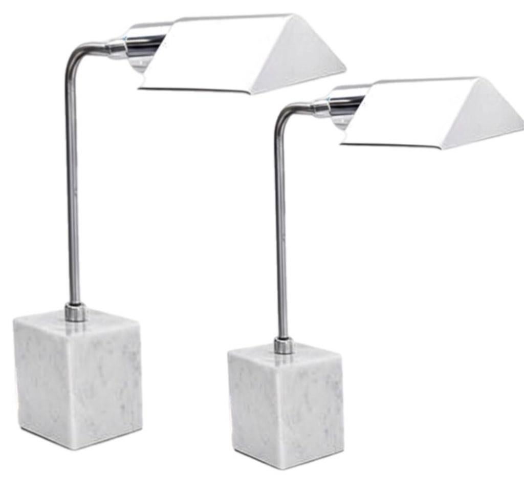 Frisman Vintage Pair Koch Lowy Mid Century Modern OMI Chrome Table Lamp Carrara Marble Base