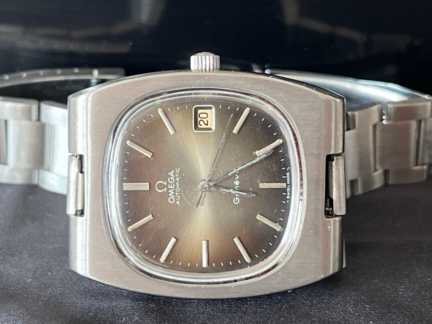 Frisman Vintage 1970's Omega Geneve Vintage Mens TV Shaped Watch with Original Tropical Dial