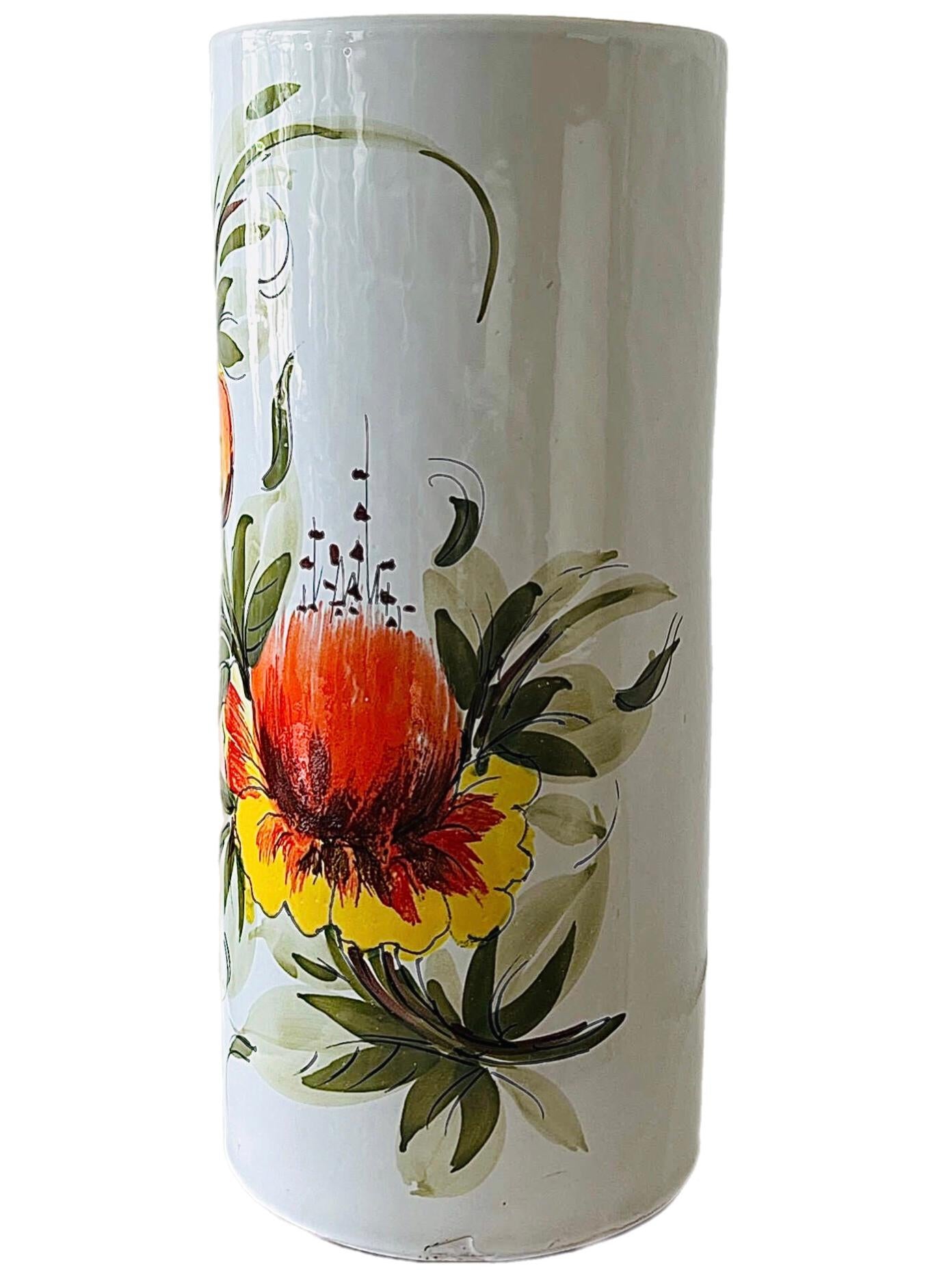Frisman Vintage 60s MCM Hand Painted Orange Poppy Flower Ceramic Umbrella Stand Holder Italy