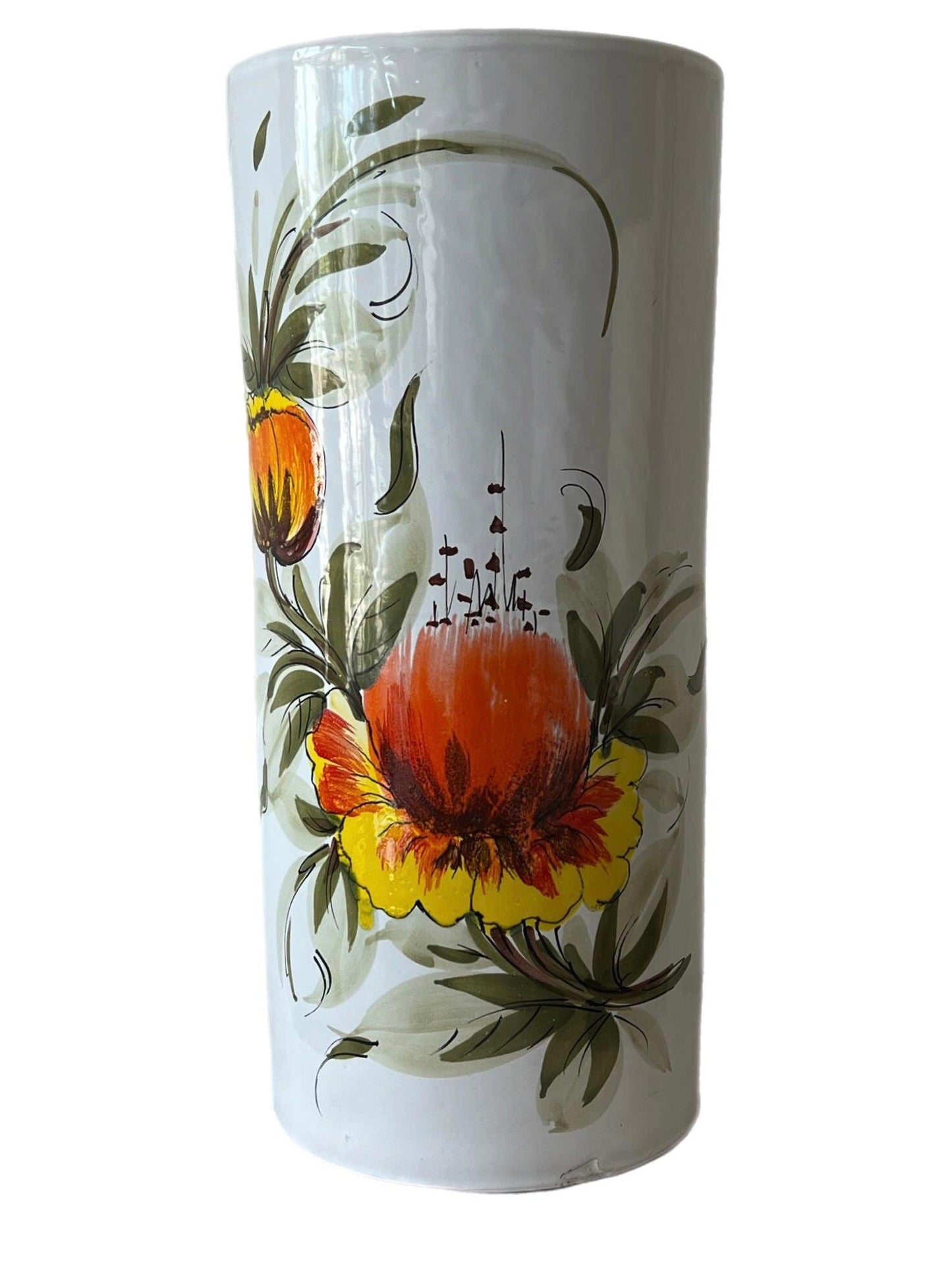 Frisman Vintage 60s MCM Hand Painted Orange Poppy Flower Ceramic Umbrella Stand Holder Italy