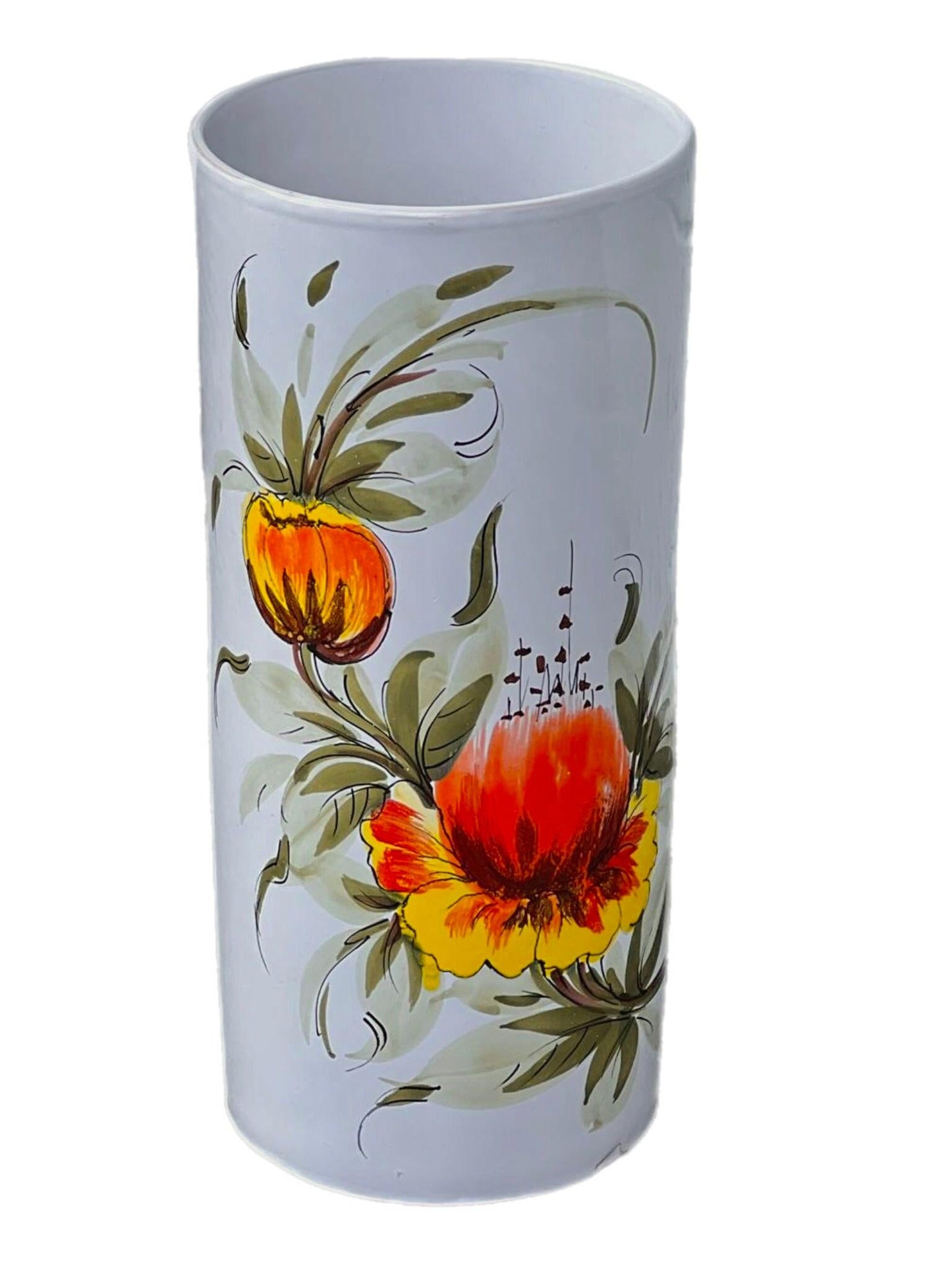 Frisman Vintage 60s MCM Hand Painted Orange Poppy Flower Ceramic Umbrella Stand Holder Italy