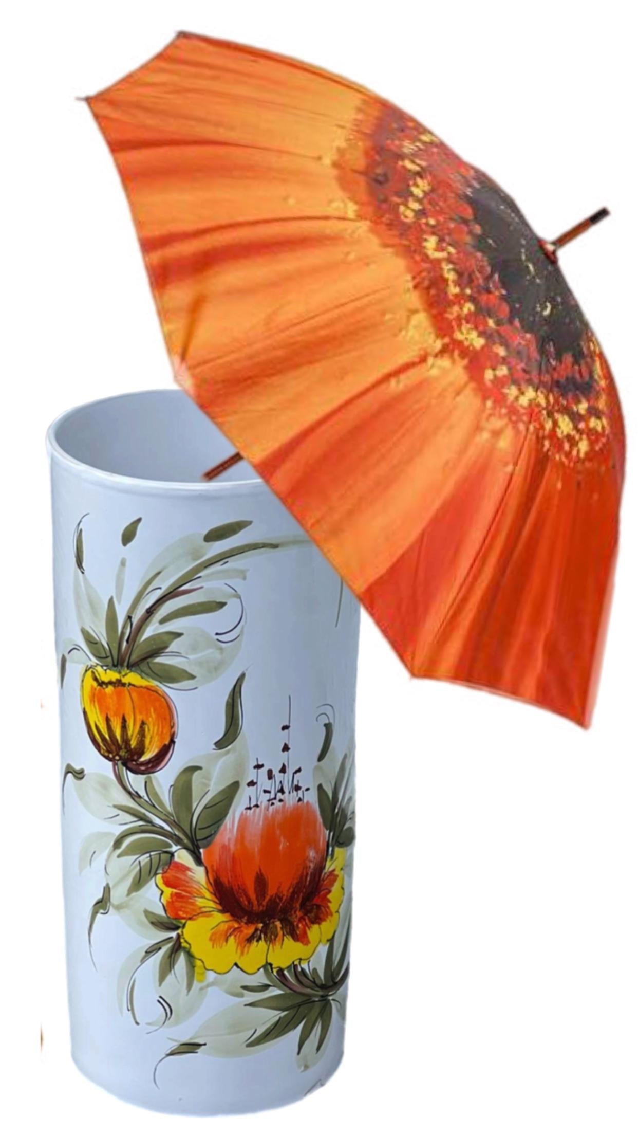 Frisman Vintage 60s MCM Hand Painted Orange Poppy Flower Ceramic Umbrella Stand Holder Italy