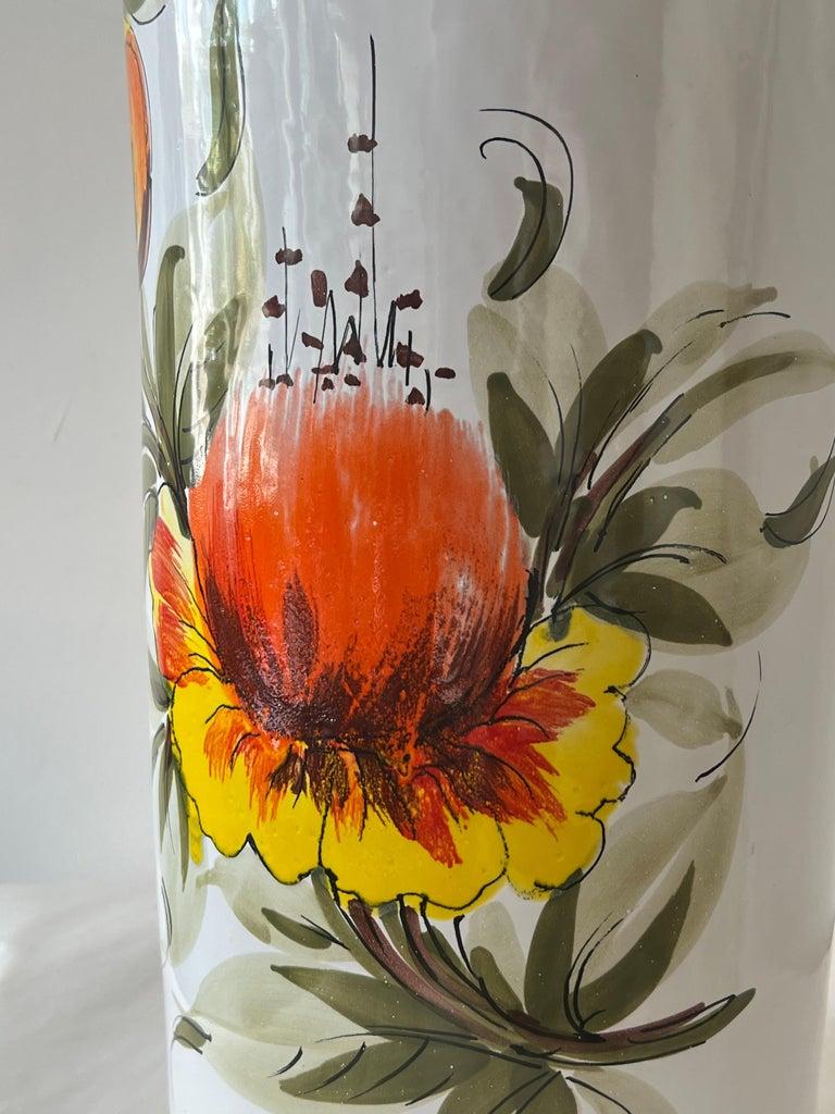 Frisman Vintage 60s MCM Hand Painted Orange Poppy Flower Ceramic Umbrella Stand Holder Italy