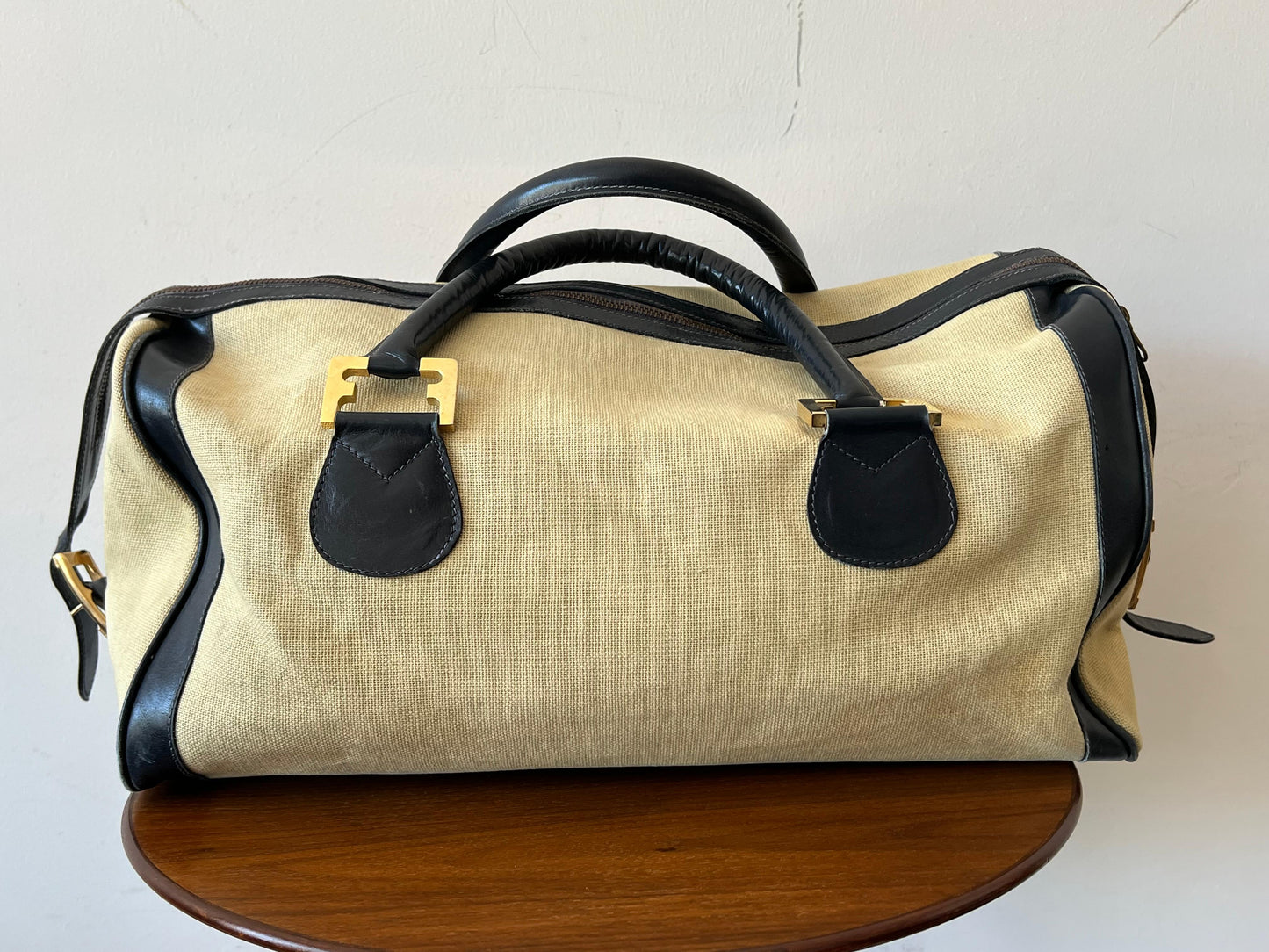 Frisman Vintage Stylish Ferragamo Leather/Canvas Bag With Brass Accents ca' 1980's