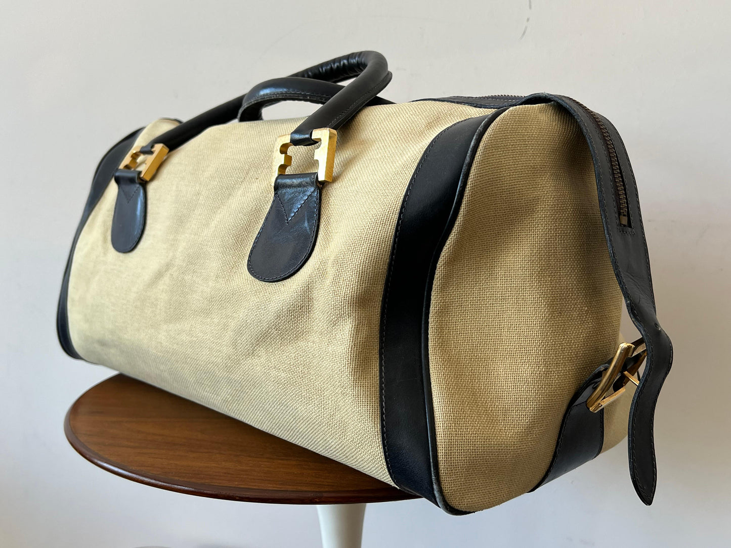 Frisman Vintage Stylish Ferragamo Leather/Canvas Bag With Brass Accents ca' 1980's