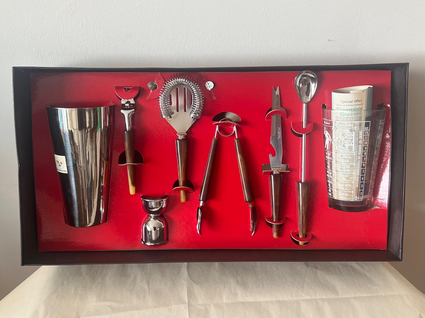 Frisman Vintage Eight Piece Barware Set, 1971 Unused Condition