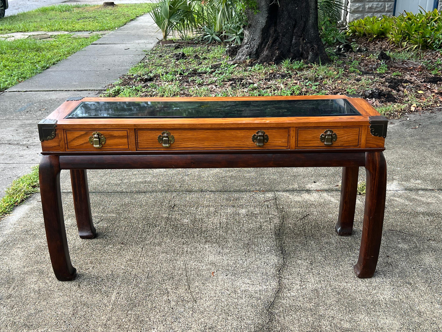Frisman Vintage Chinoiserie Console Table By Bassett Ca' 1970's With Glass Etched Insert