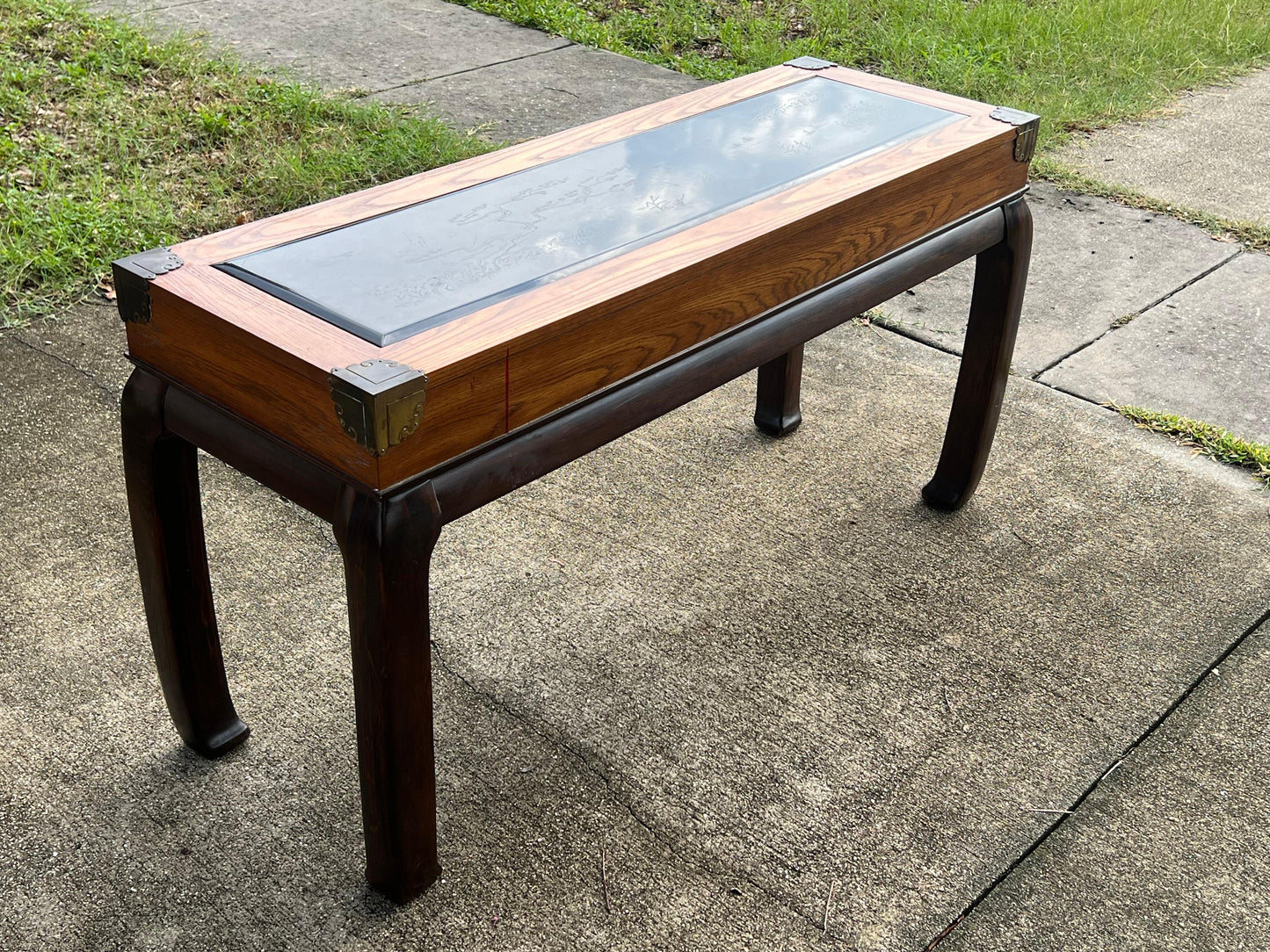 Frisman Vintage Chinoiserie Console Table By Bassett Ca' 1970's With Glass Etched Insert