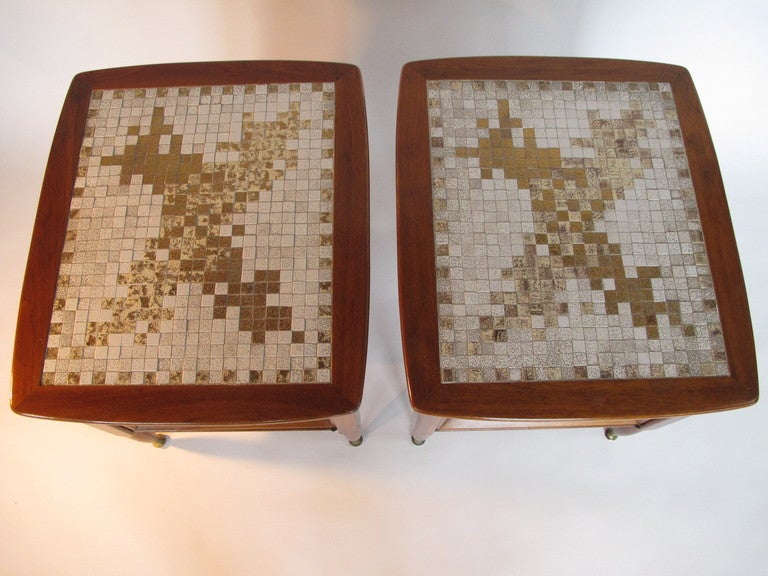 Frisman Vintage A Pair of Mid Century Walnut Nightstands with Tile Decoration