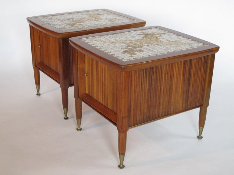 Frisman Vintage A Pair of Mid Century Walnut Nightstands with Tile Decoration