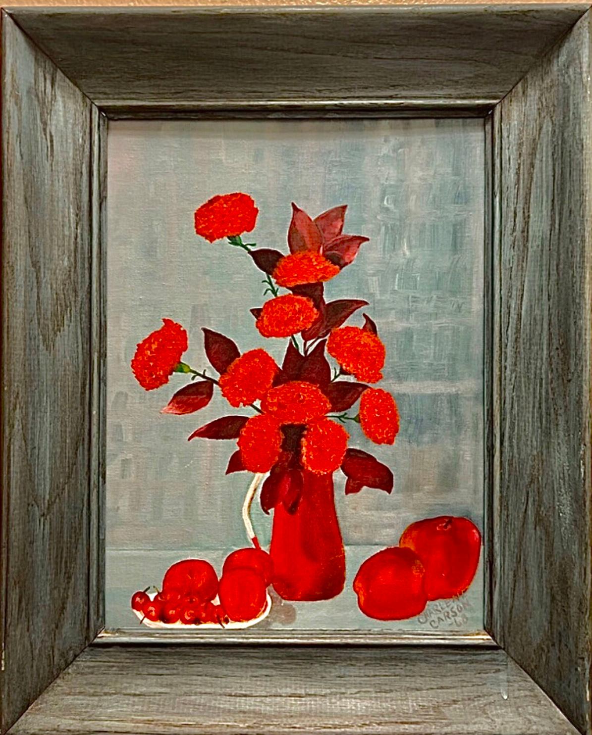 Frisman Vintage 60s Vintage Mid Century Modern Red Floral Still Life Oil Painting Framed