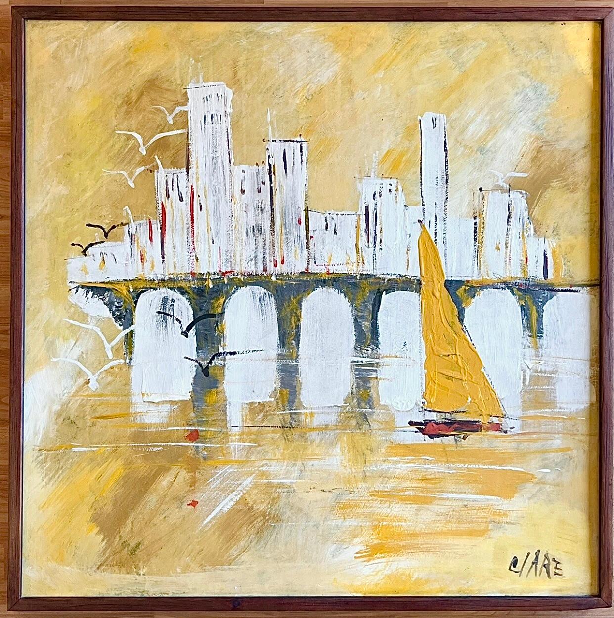 Frisman Vintage 60s MCM Abstract Sailboat Nautical Clare Vanguaard Reynolds Oil Painting Framed
