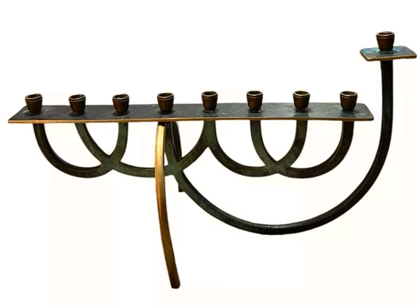 Frisman Vintage Rare 50's Verdigris Brass Mid Century Modern Minimalist Menorah Israel