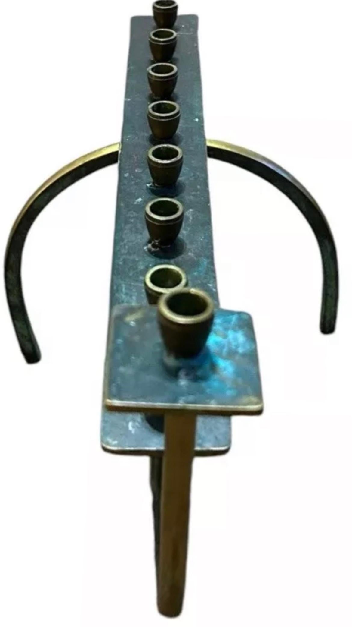 Frisman Vintage Rare 50's Verdigris Brass Mid Century Modern Minimalist Menorah Israel
