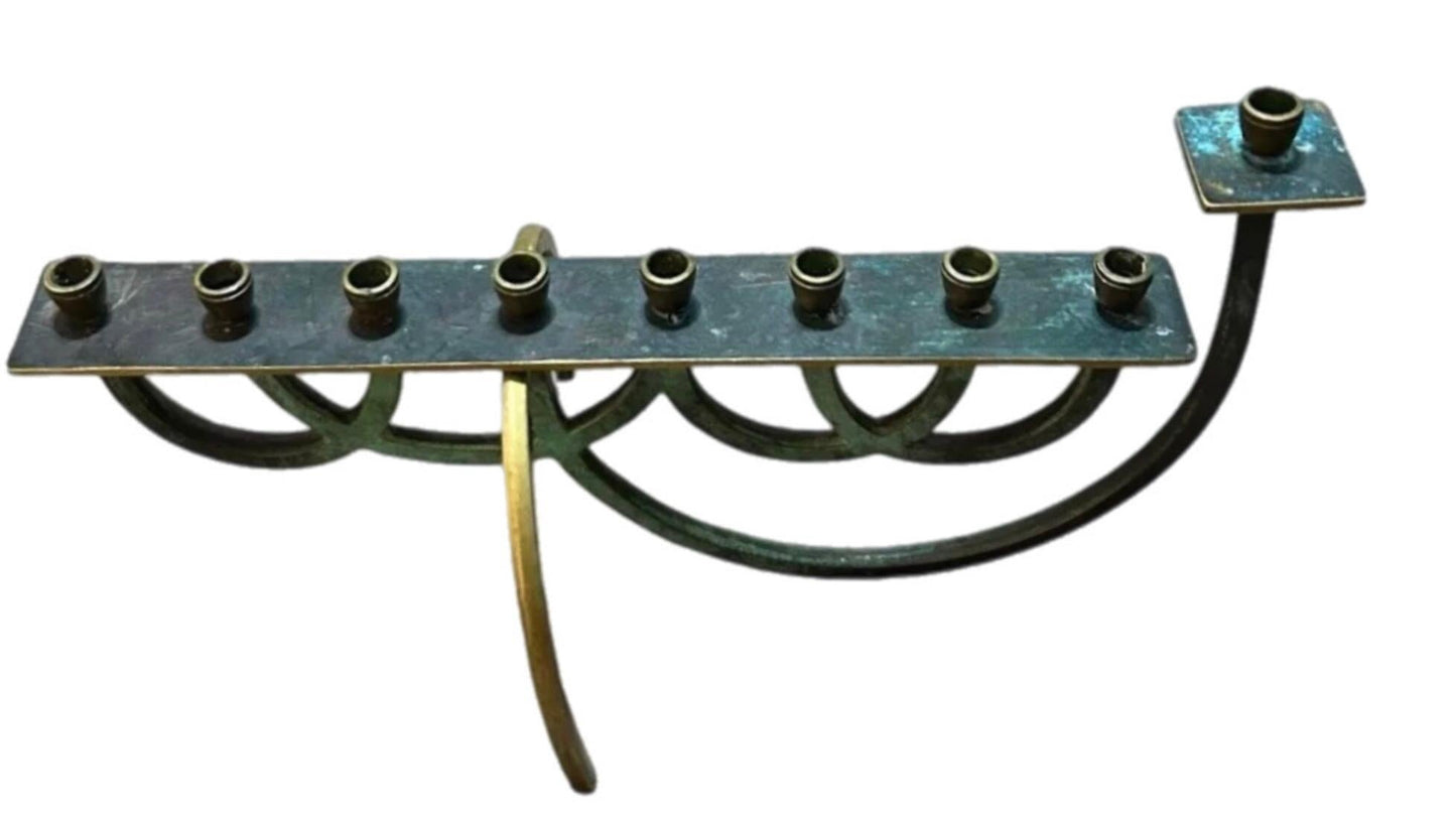 Frisman Vintage Rare 50's Verdigris Brass Mid Century Modern Minimalist Menorah Israel