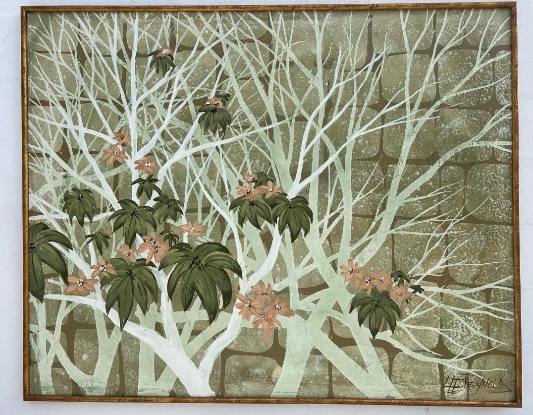 Frisman Vintage Huge Vintage Mid Century Lee Reynolds Asian Oil Painting Faux Gold Bamboo Frame