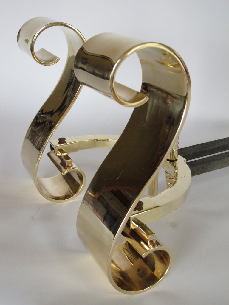 Frisman Vintage A Pair of Polished Scroll Brass Andirons