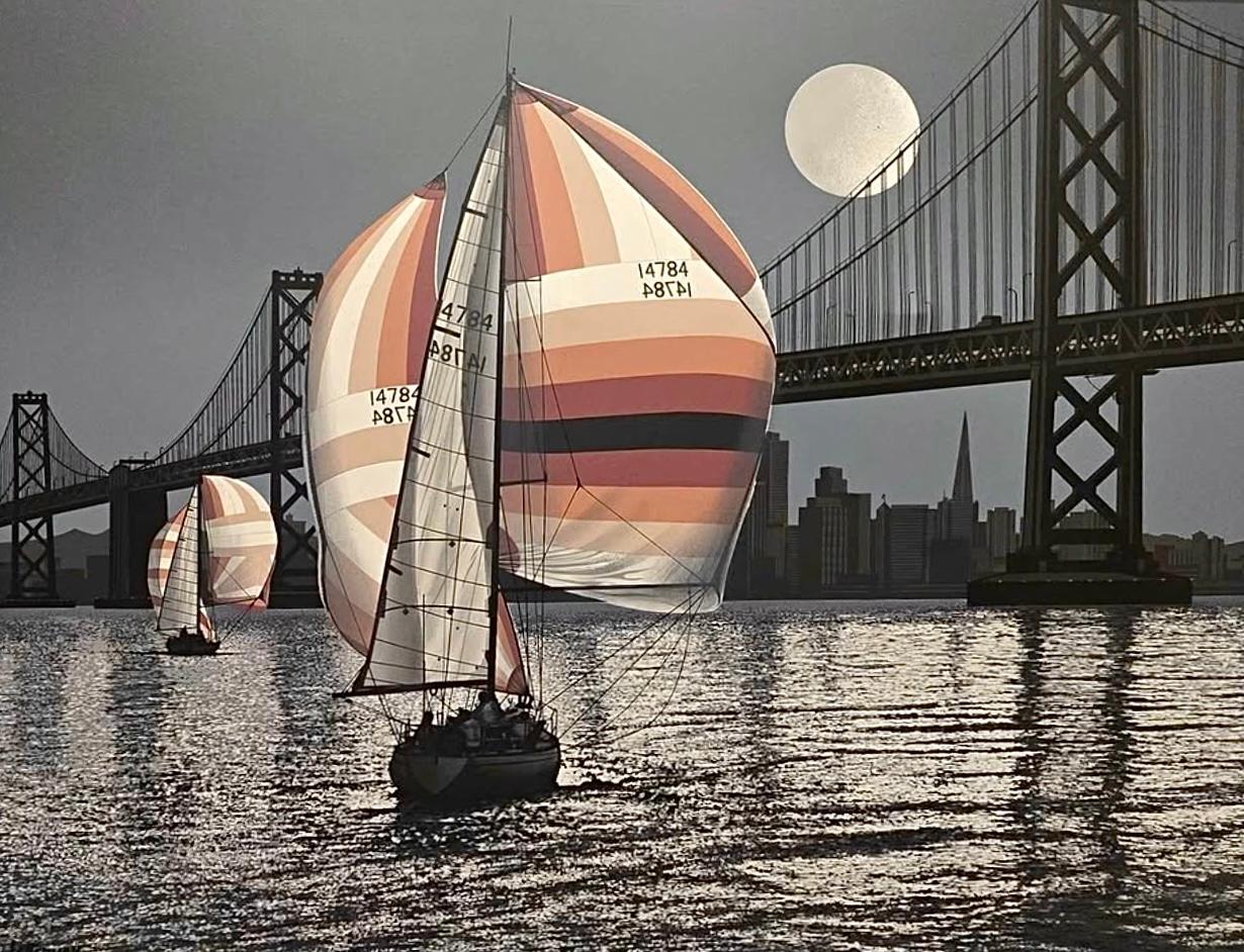 Frisman Vintage SALE 70s Monumental Rare Letterman Sailboat SFO Framed Realism Nautical Painting