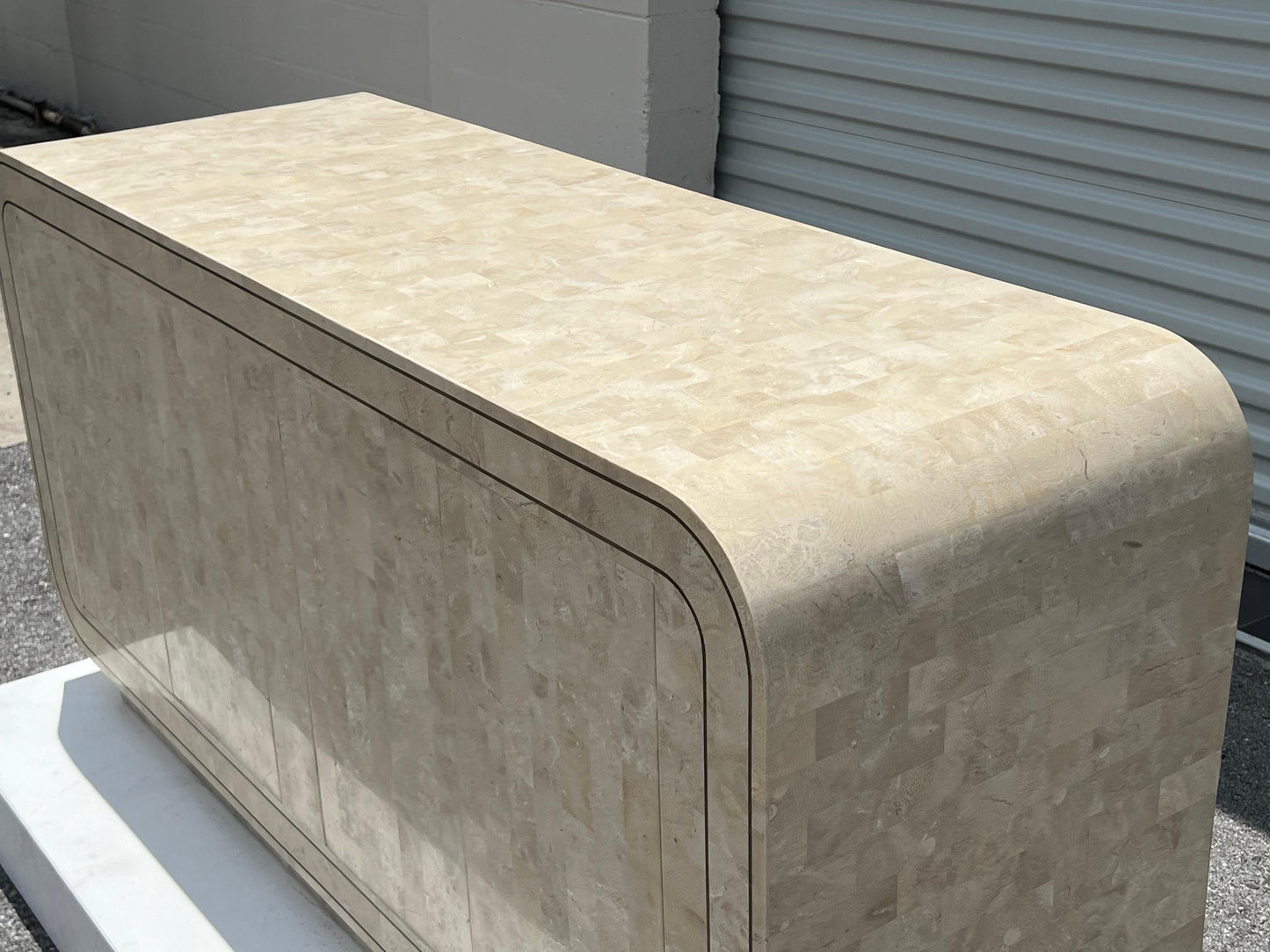 Frisman Vintage Maitland Smith Tessellated Stone Rounded Credenza with Brass Detailing Ca' 1980'