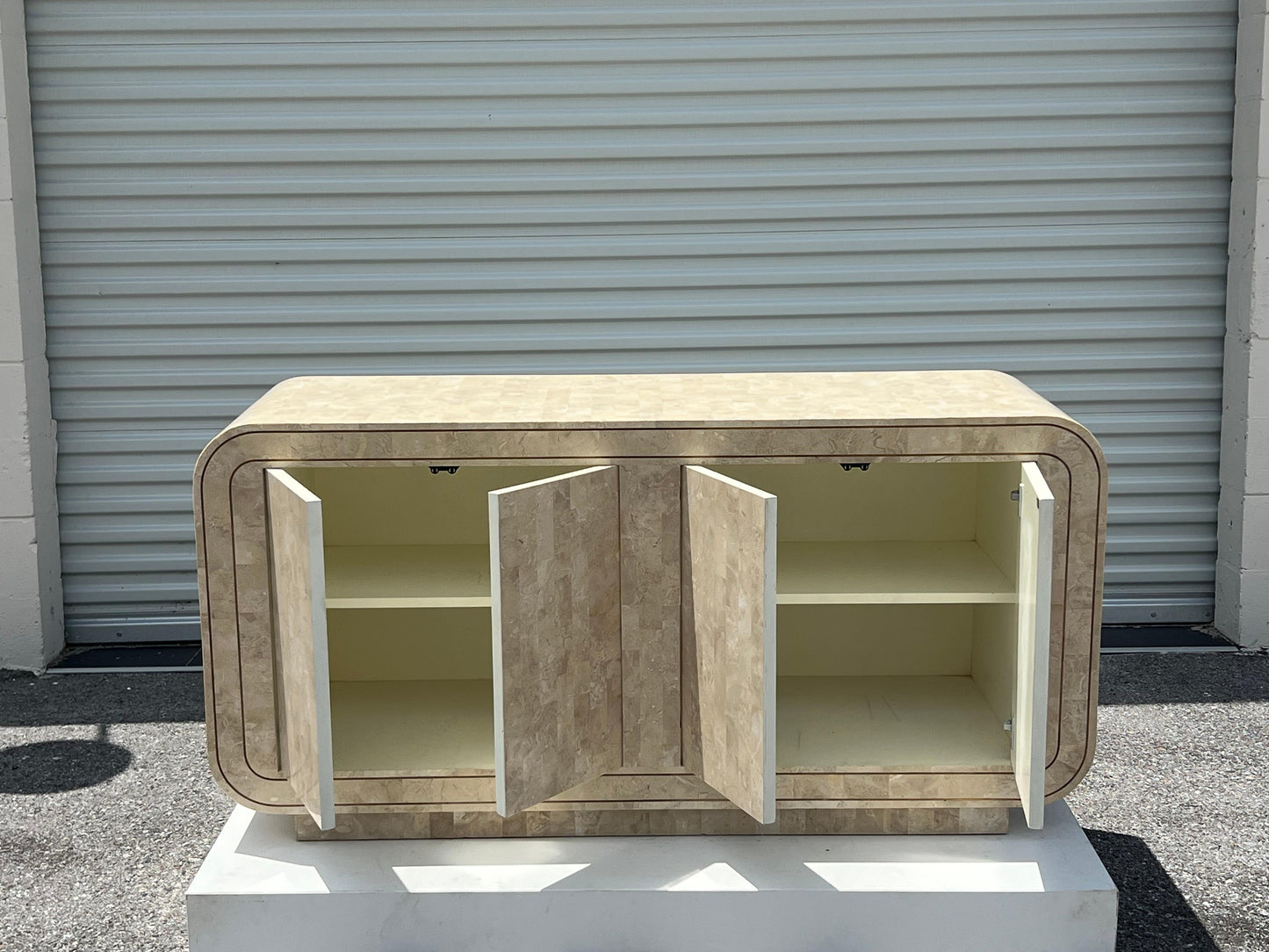Frisman Vintage Maitland Smith Tessellated Stone Rounded Credenza with Brass Detailing Ca' 1980'