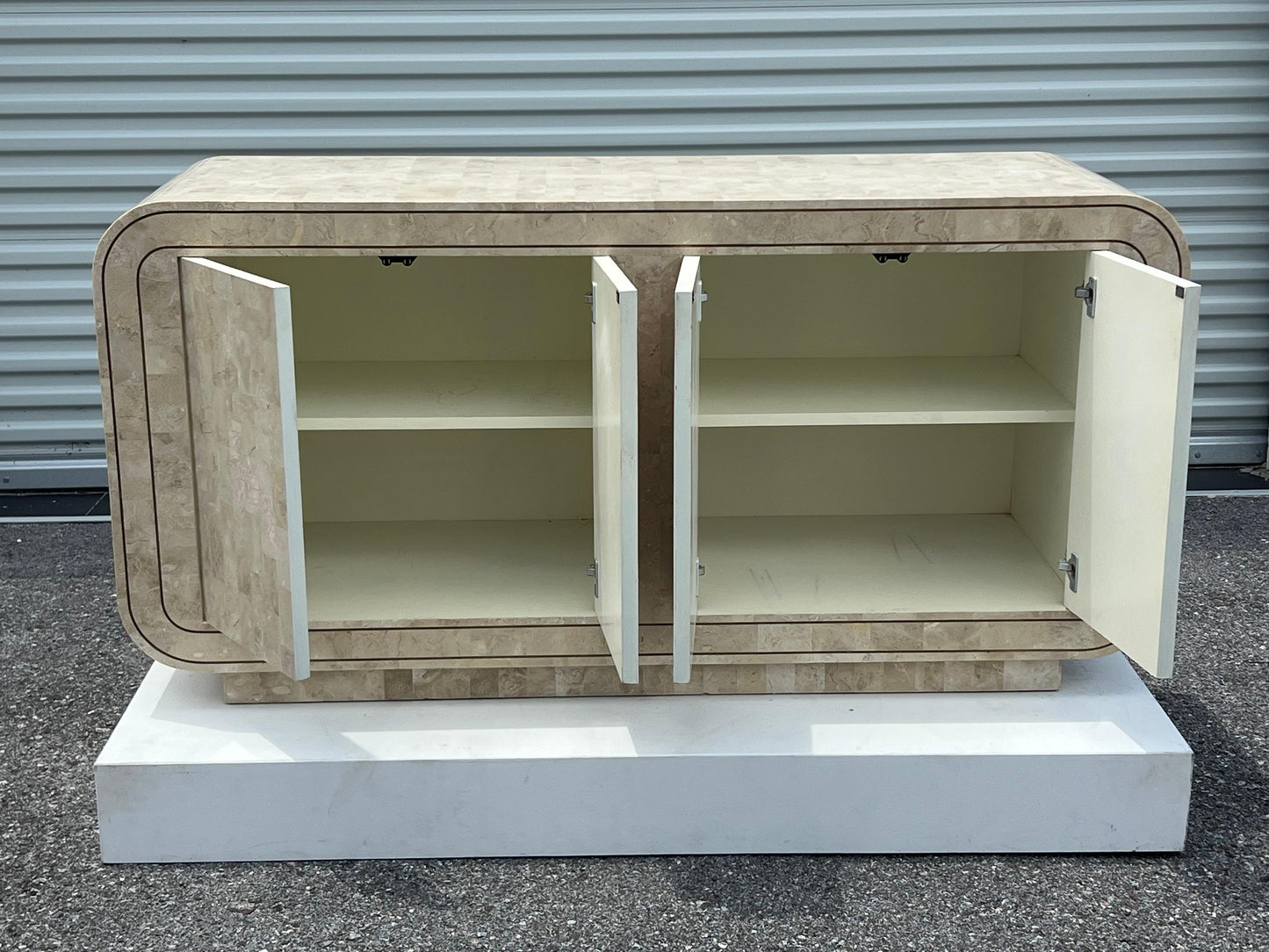 Frisman Vintage Maitland Smith Tessellated Stone Rounded Credenza with Brass Detailing Ca' 1980'