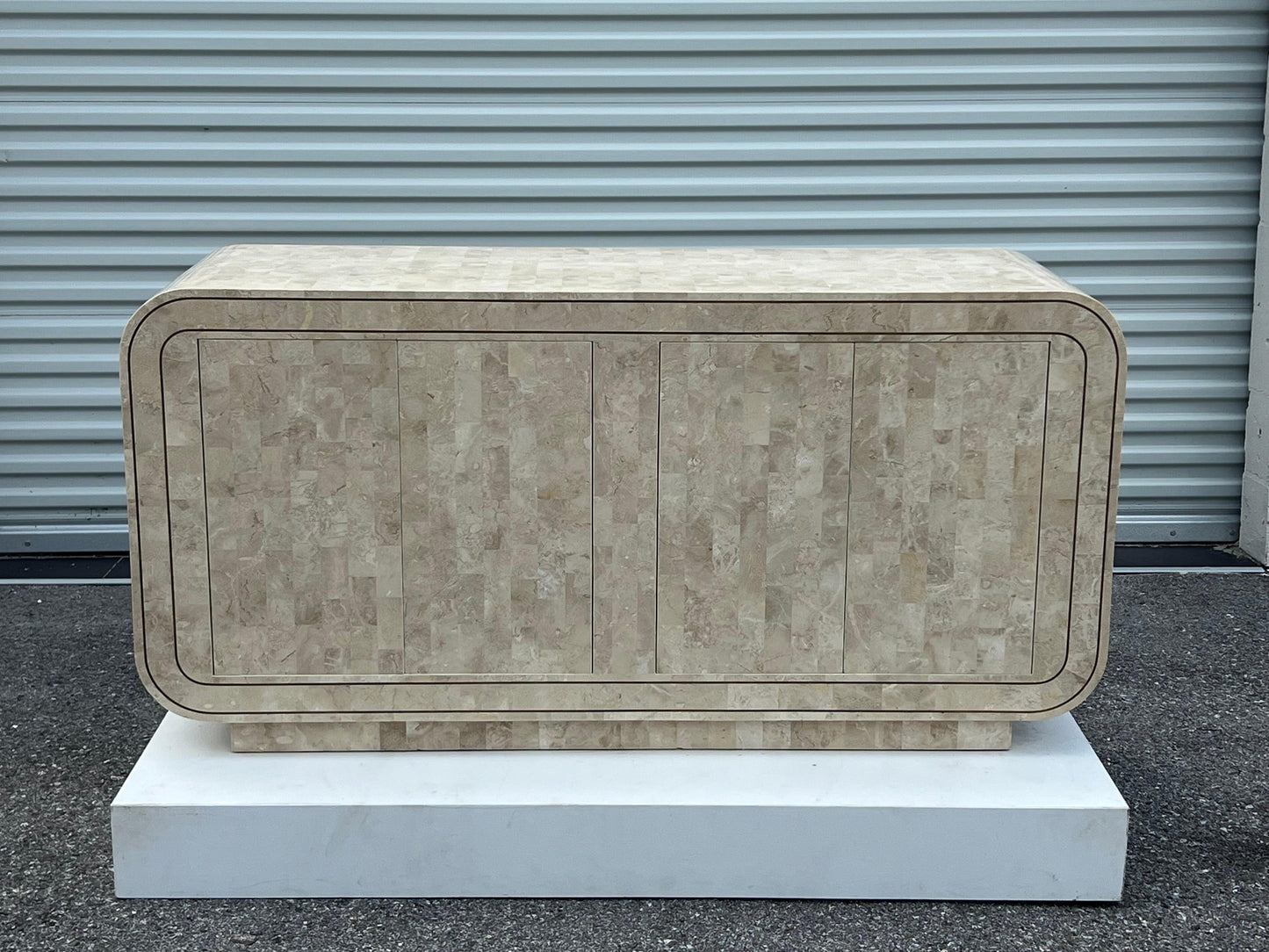 Frisman Vintage Maitland Smith Tessellated Stone Rounded Credenza with Brass Detailing Ca' 1980'