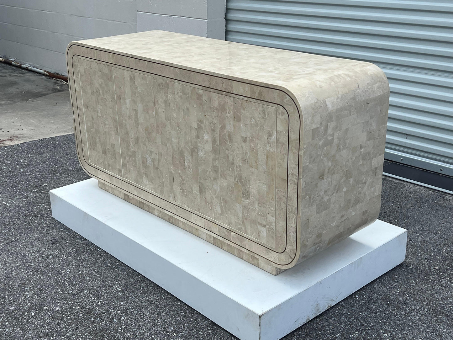 Frisman Vintage Maitland Smith Tessellated Stone Rounded Credenza with Brass Detailing Ca' 1980'