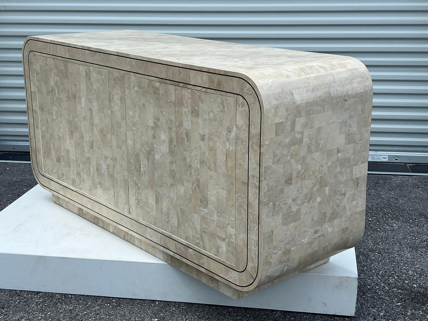 Frisman Vintage Maitland Smith Tessellated Stone Rounded Credenza with Brass Detailing Ca' 1980'
